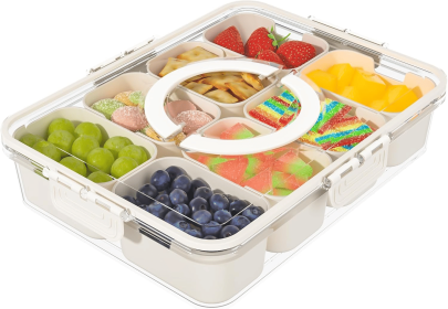 Snackle Box Container, Divided Serving Tray with Lid and Handle, Snack Organizer for Candy, Fruits, Nuts, Snacks, 8 Compartments Snack Box for Travel